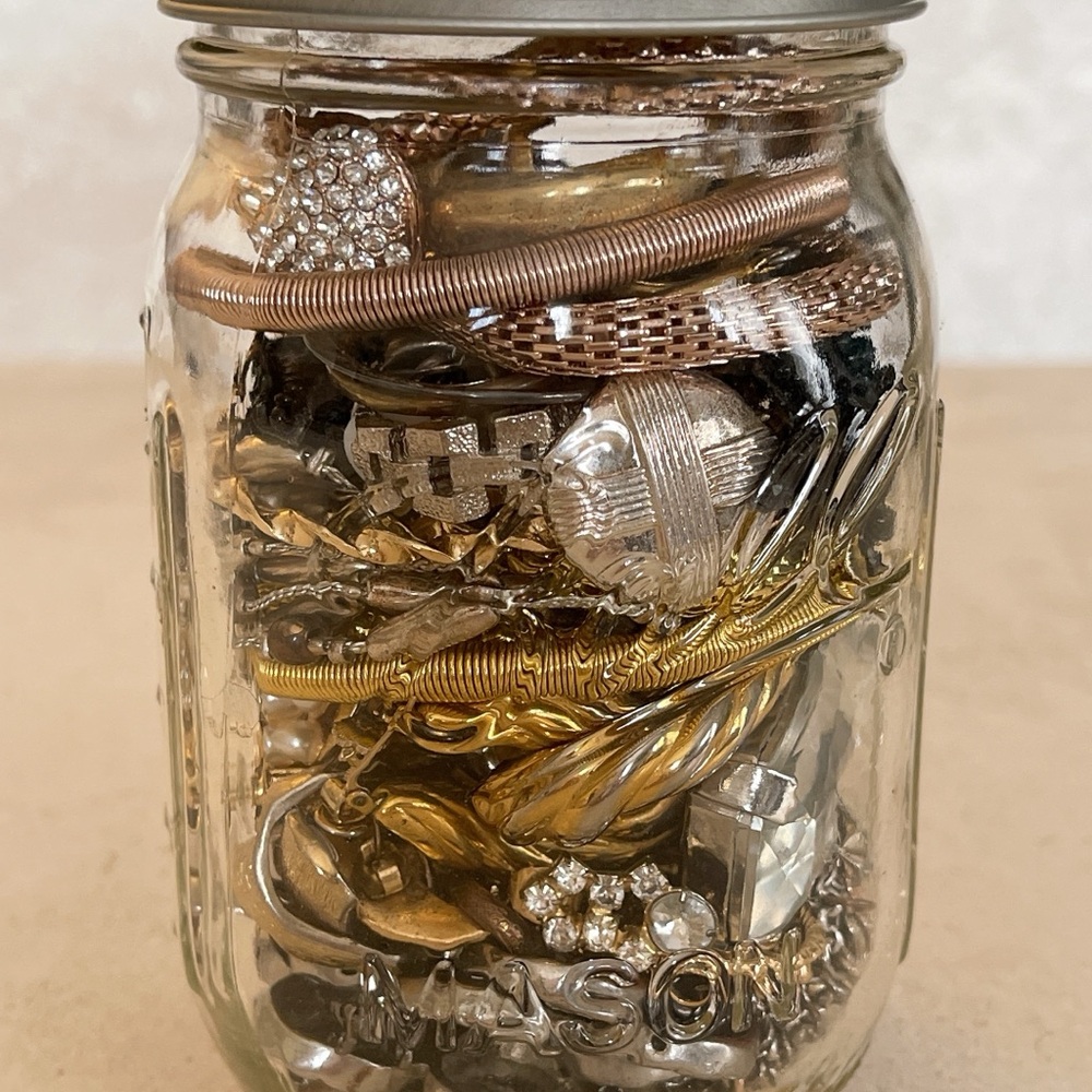 1.1lb Vintage Mixed Jewelry Mystery Jar, Gold Silver Tone